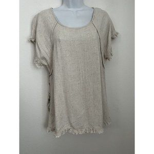 Faveur Women Beige Linen Short Sleeve Round Neck Blouse Top Size Large P…